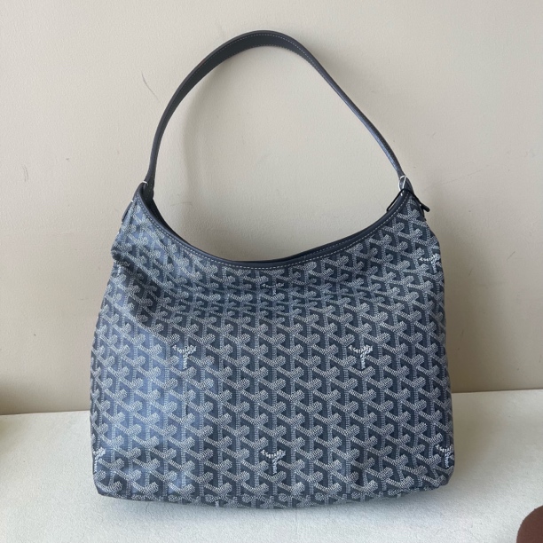 95新 Goyard 灰色老花涂层帆布拼牛皮hobo单肩腋下包6057