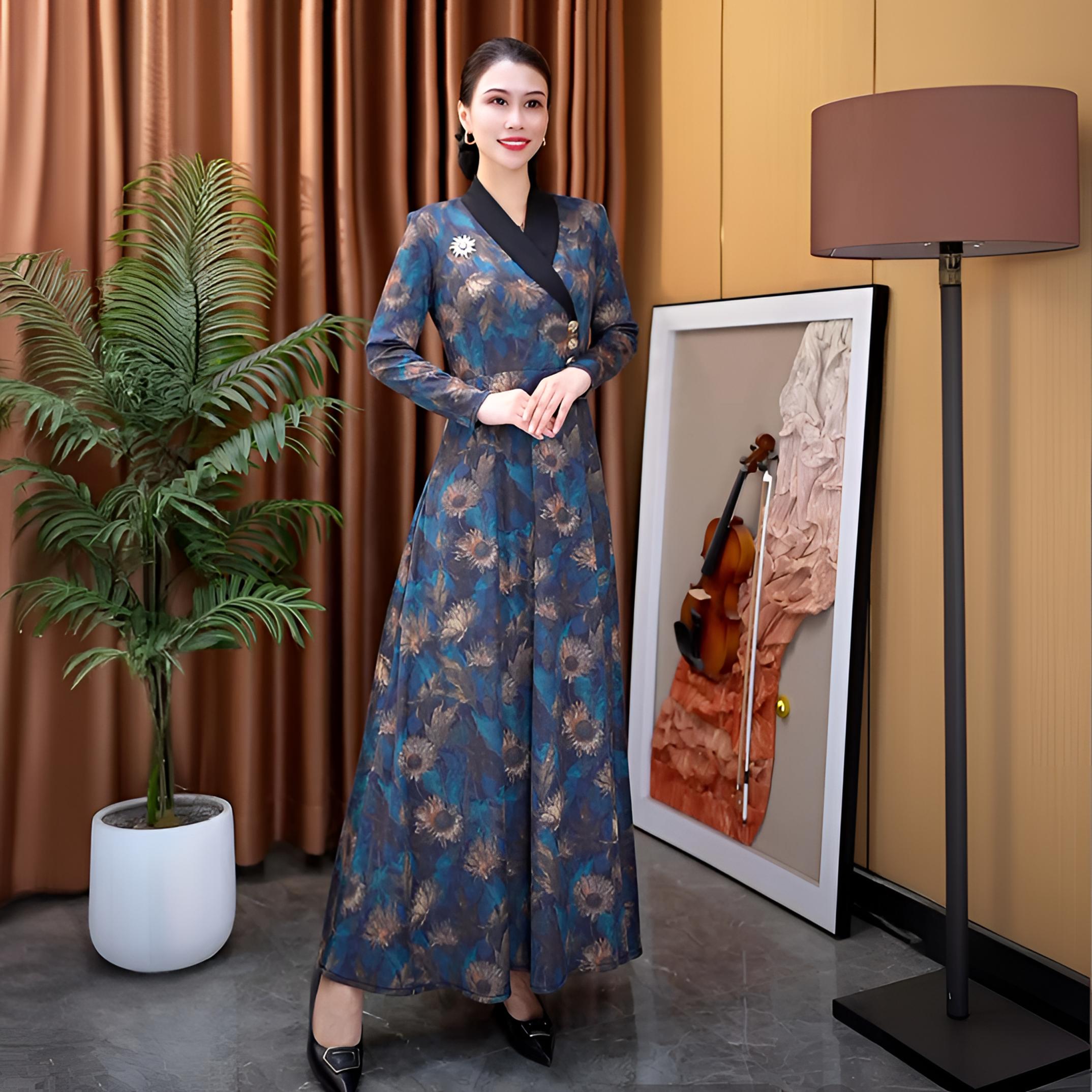 香衣丽华209-398秋季新水墨蓝太阳花长款过膝大摆连衣裙修身显瘦