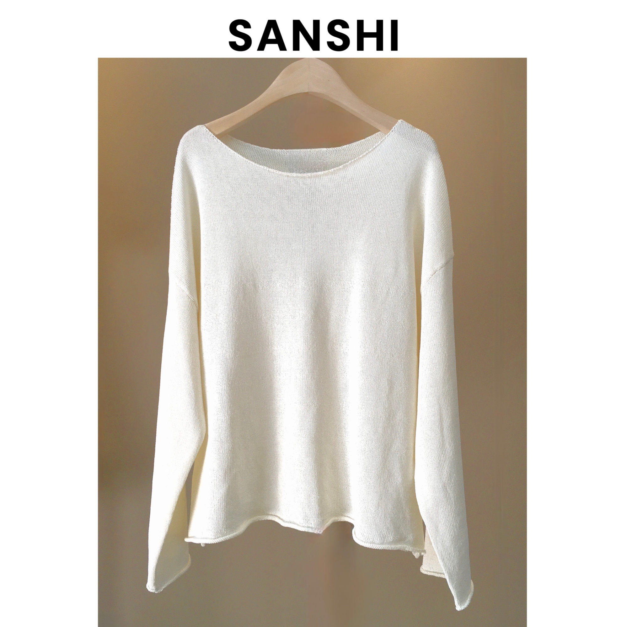 SANSHI【和纸纱】轻薄透气圆领落肩长袖针织衫 宽松舒适上衣