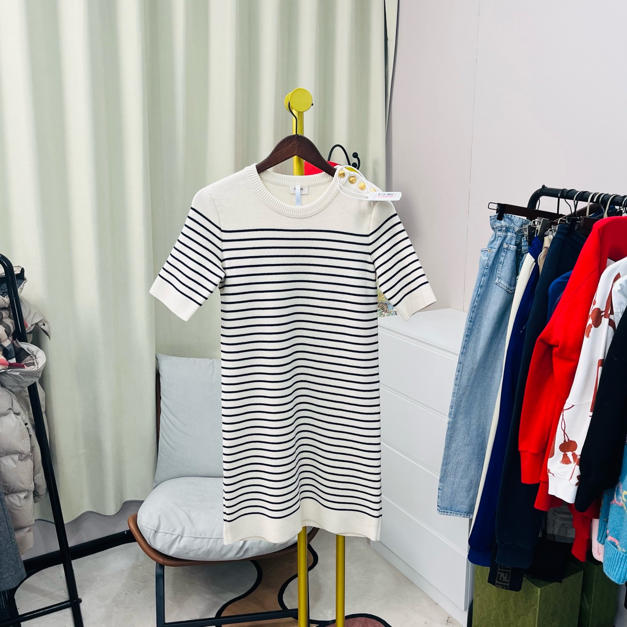 99新 Celine/思琳 白色条纹针织连衣裙 M码 