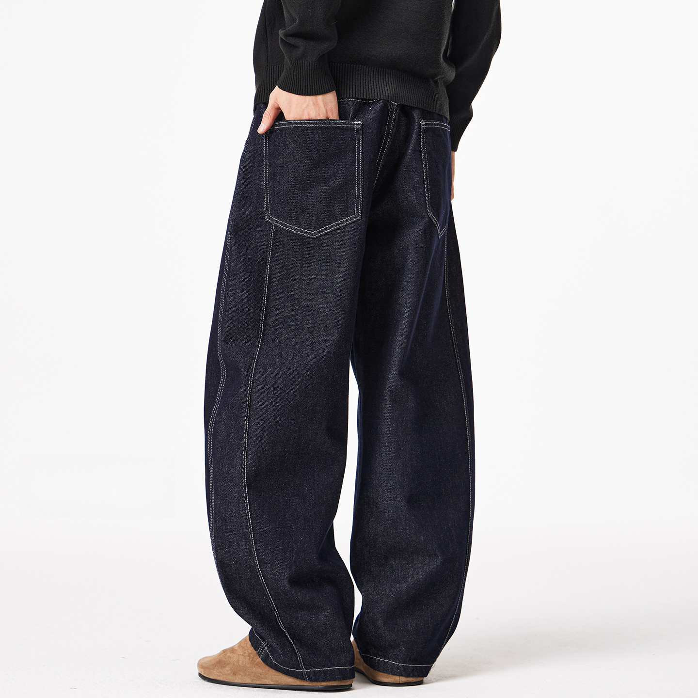 丹宁原色弯刀牛仔裤男解构拼接复古阔腿裤秋冬新款潮牌镰刀长裤子