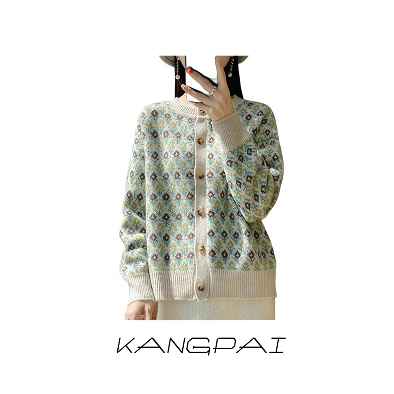 【绿野仙踪】100%纯羊毛开衫加厚款圆领复古提花小香风针织上衣外套