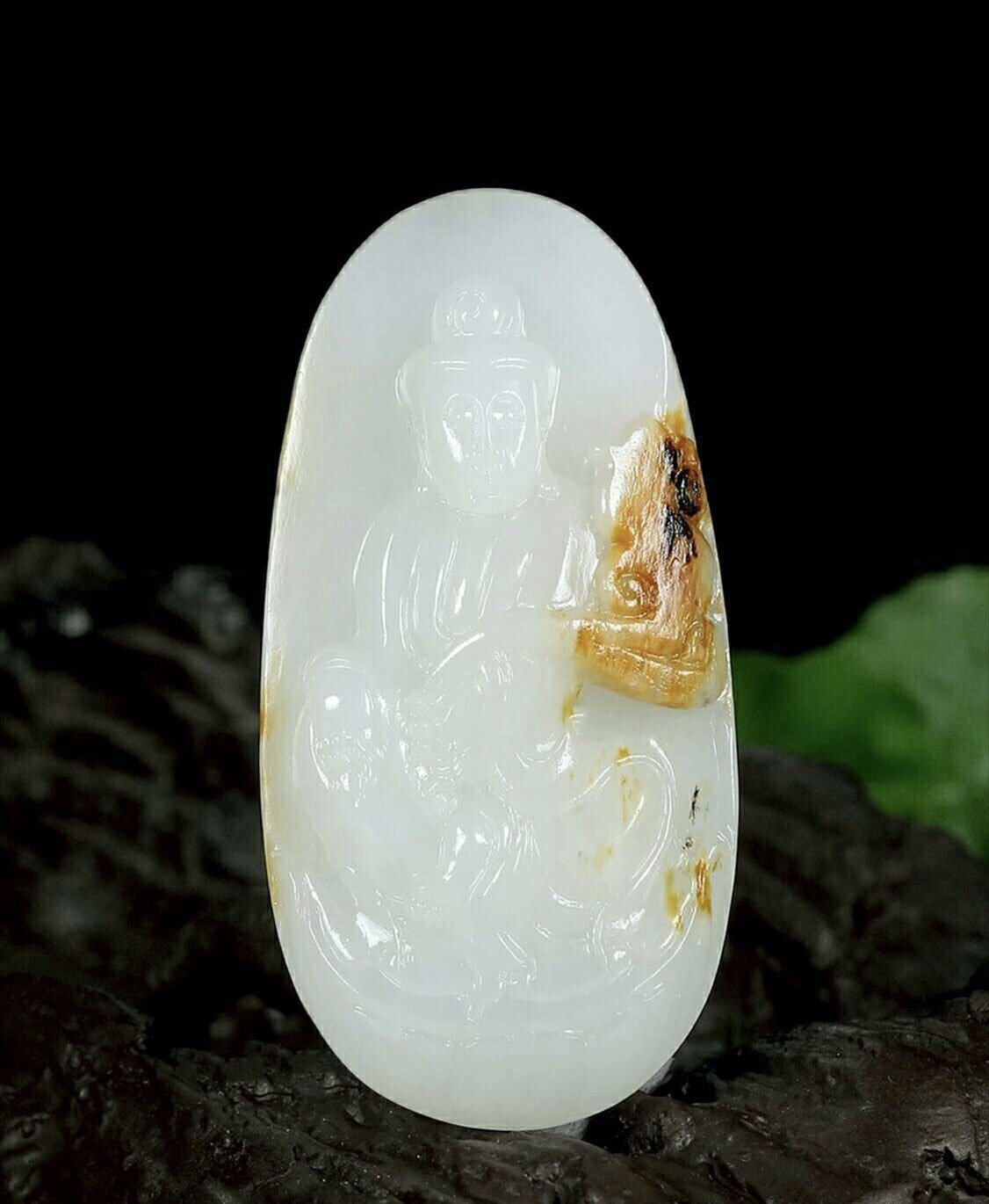 和田玉白玉红皮三色观音挂件