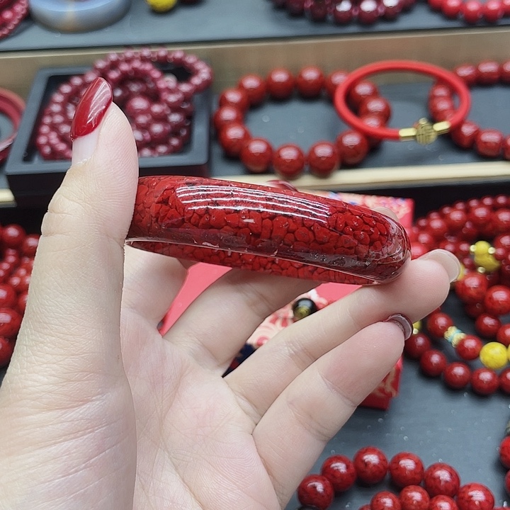 天然辰砂晶体砂宽手镯62圈口