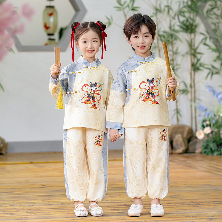 2025春夏新款哪吒兄妹套装女童长袖复古宝宝古风套装