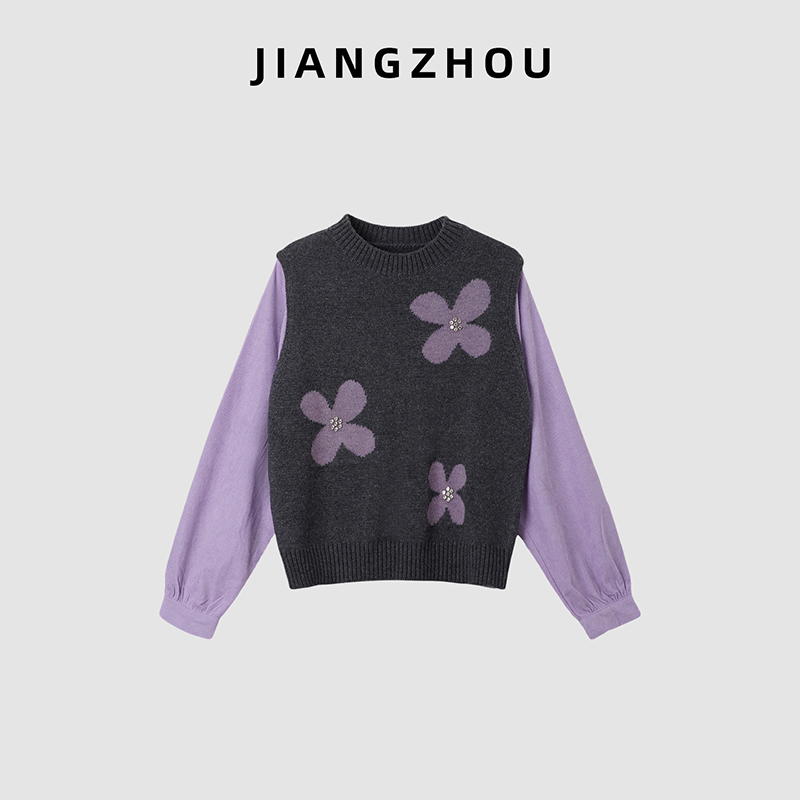 江洲【暮色】冬季新款复古提花针织衫圆领假两件叠穿背心毛衣上衣