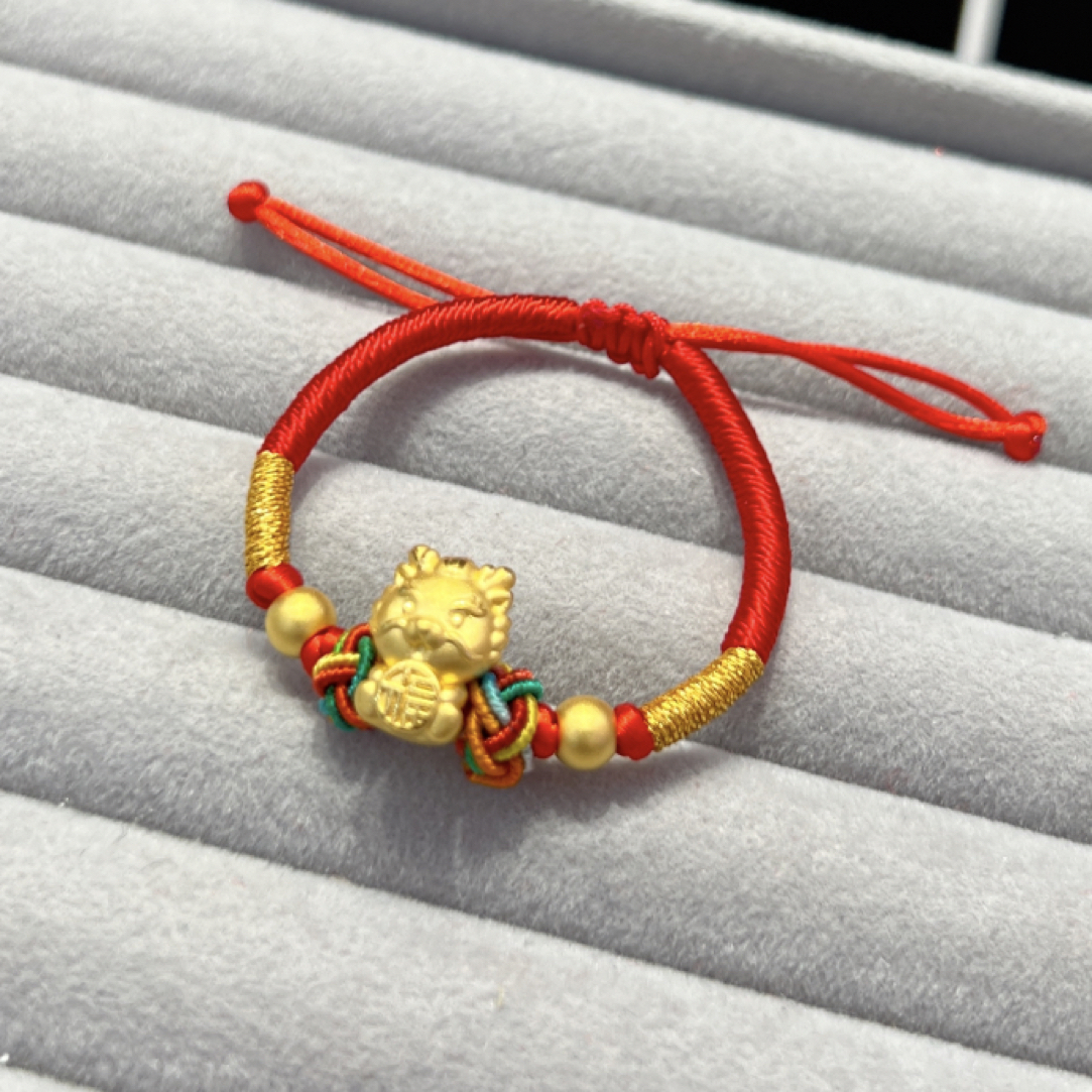 足金999抱福龙黄金手串有福龙手工编绳黄金转运珠本命年龙生肖