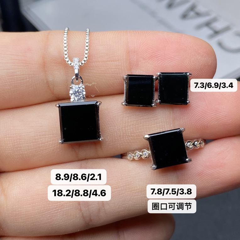 墨翠戒指 耳钉 吊坠 套装 s925银镶嵌 品相饱满大气 