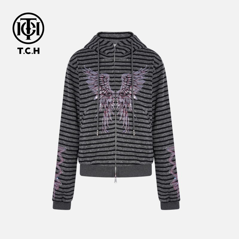 TCH私服烫钻工艺时尚休闲百搭翅膀拉链衫女T75C17E5008轻奢tch