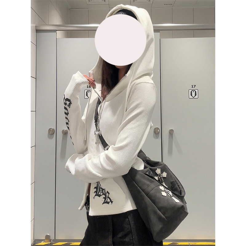 美式辣妹字母印花连帽卫衣外套女春秋季哥特风修身显瘦短款上衣