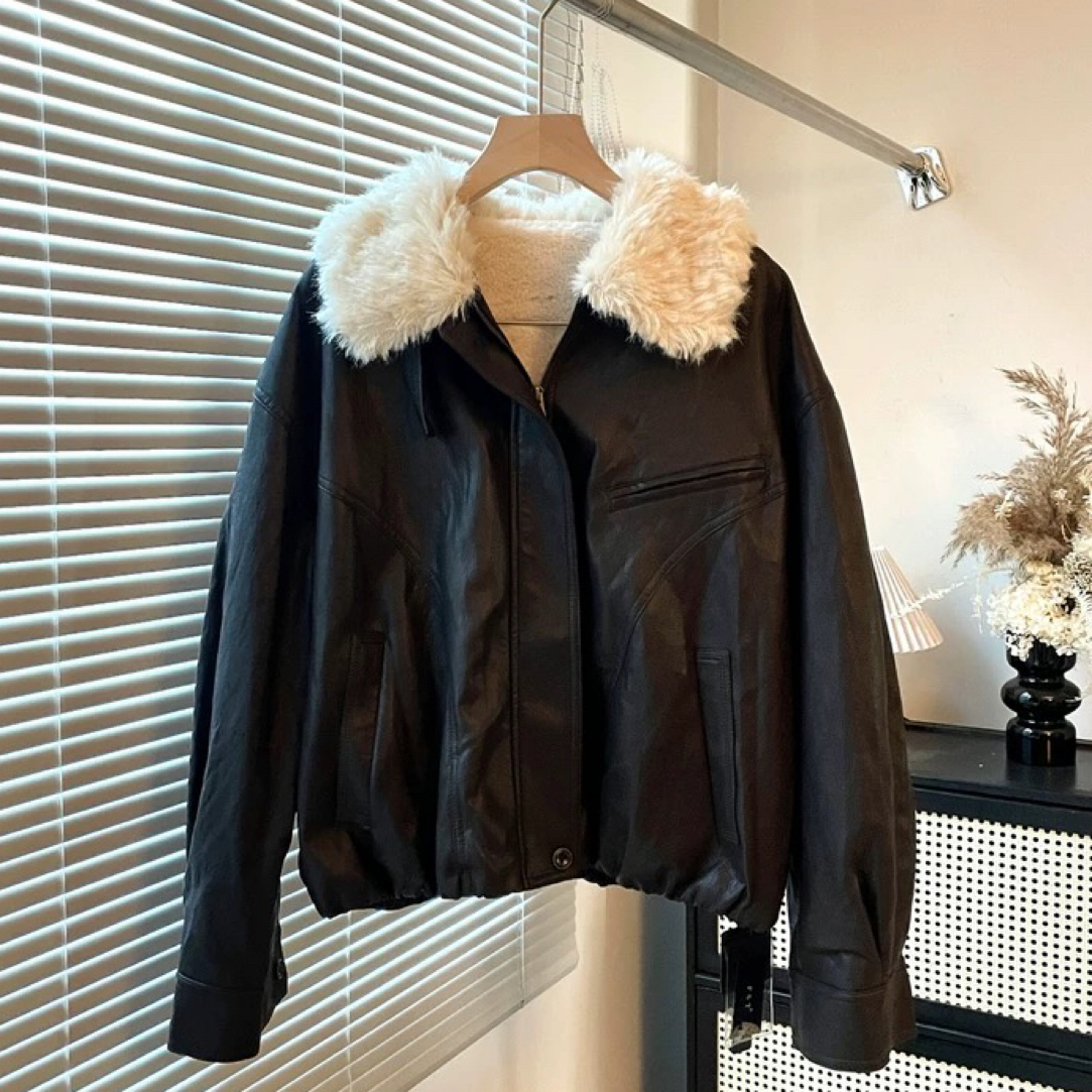 加绒皮衣短外套女獭兔毛派克服2025冬季新款羊羔毛领皮夹克机车服