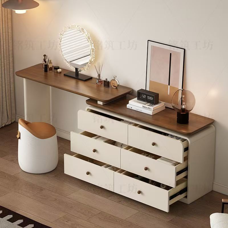 2025新款斗柜一体中古奶油飘窗床尾柜梳妆台卧室中古风实木化妆桌