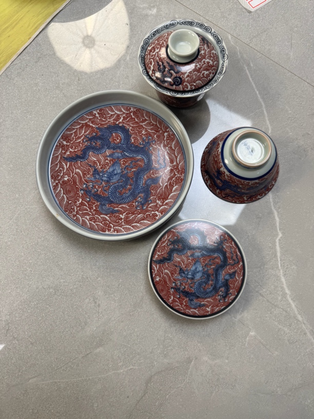 景德镇釉里红海水龙4件套