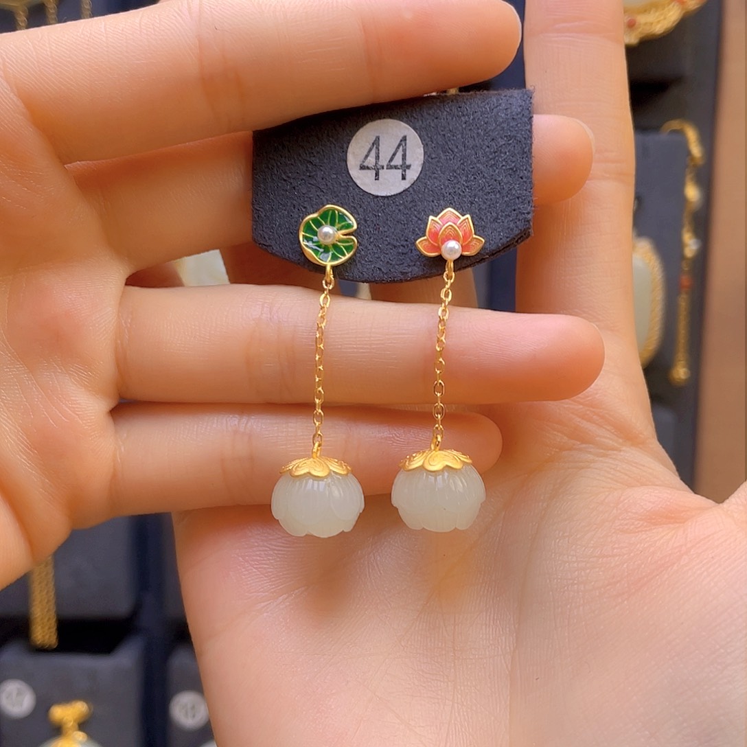 和田玉耳饰银S925镀金镶嵌