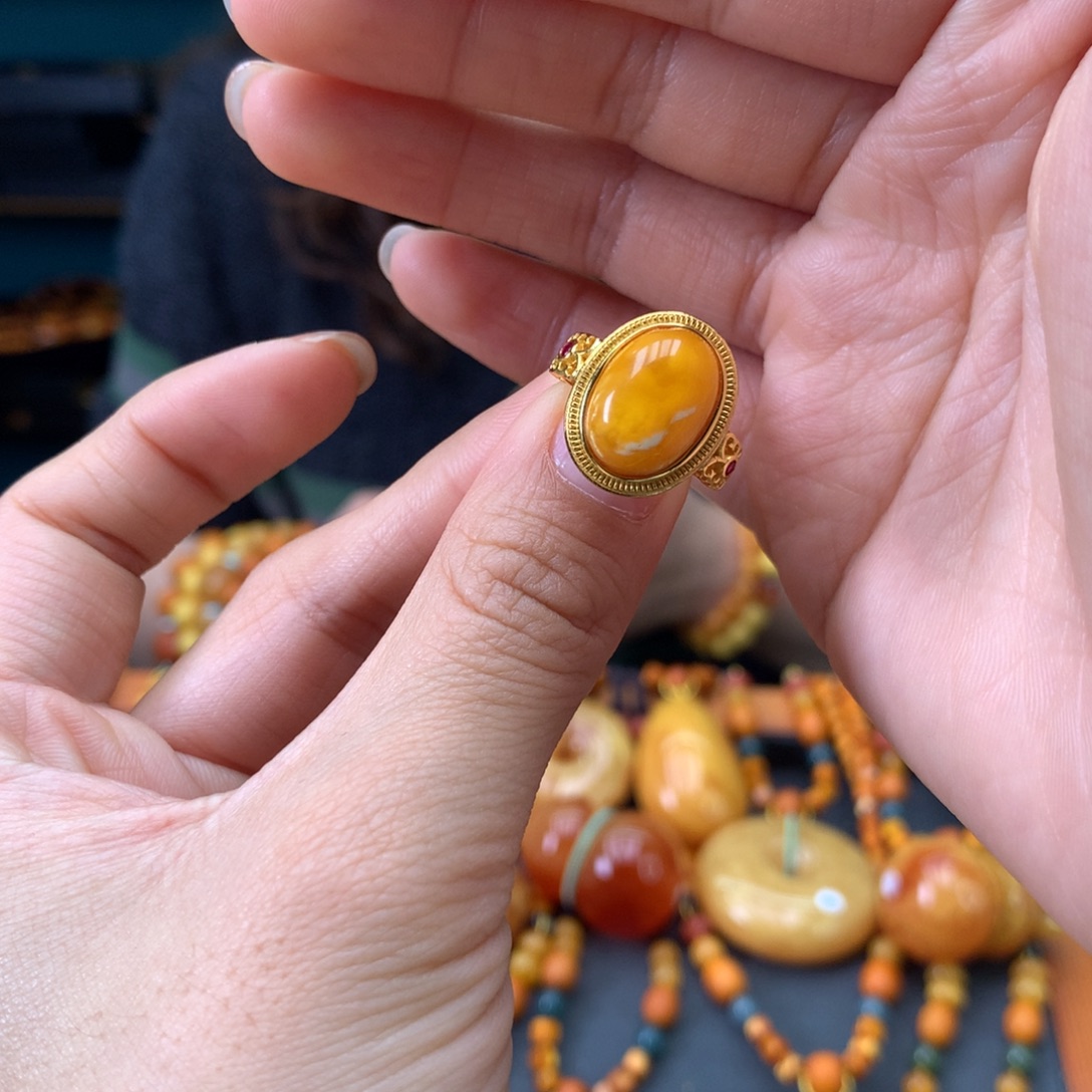 蜜蜡银S925镶嵌戒指天然