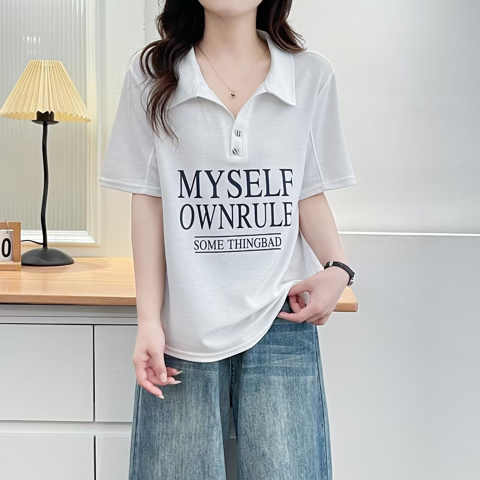 大码短袖POLO领T恤女减龄夏季半袖韩版白色百搭翻领上衣休闲洋气