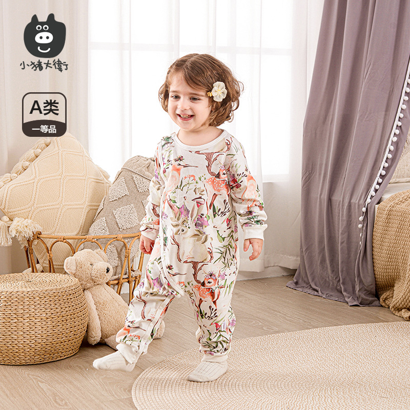 小猪大卫2025新生儿纯棉连体衣偏开护肚男女宝宝长袖棉毛爬爬服