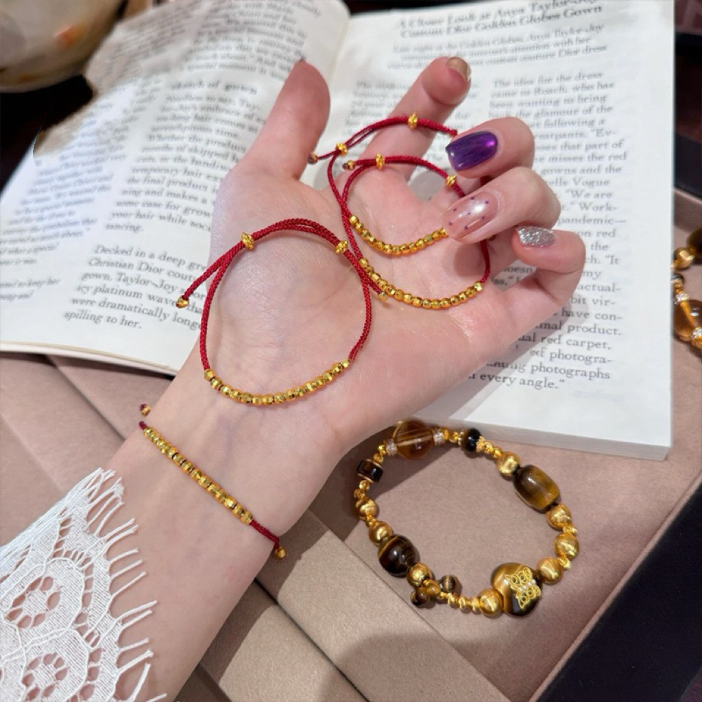 铜合金布艺手链 本命年红绳蹦迪珠编织细手绳平安转运招财女