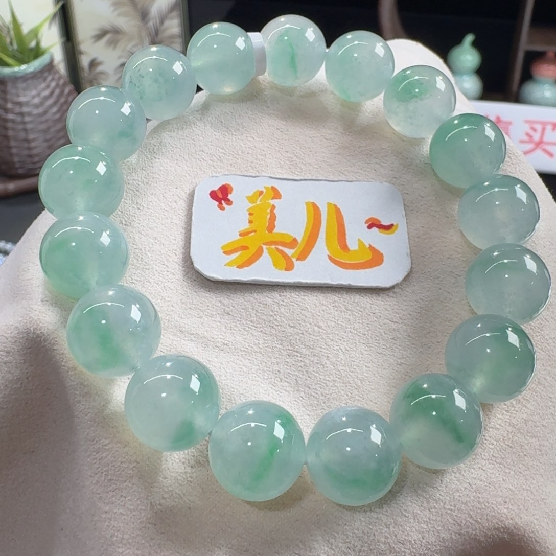 未镶嵌手串翡翠阳春白雪！冰飘金丝绿串卡12 出水芙蓉！