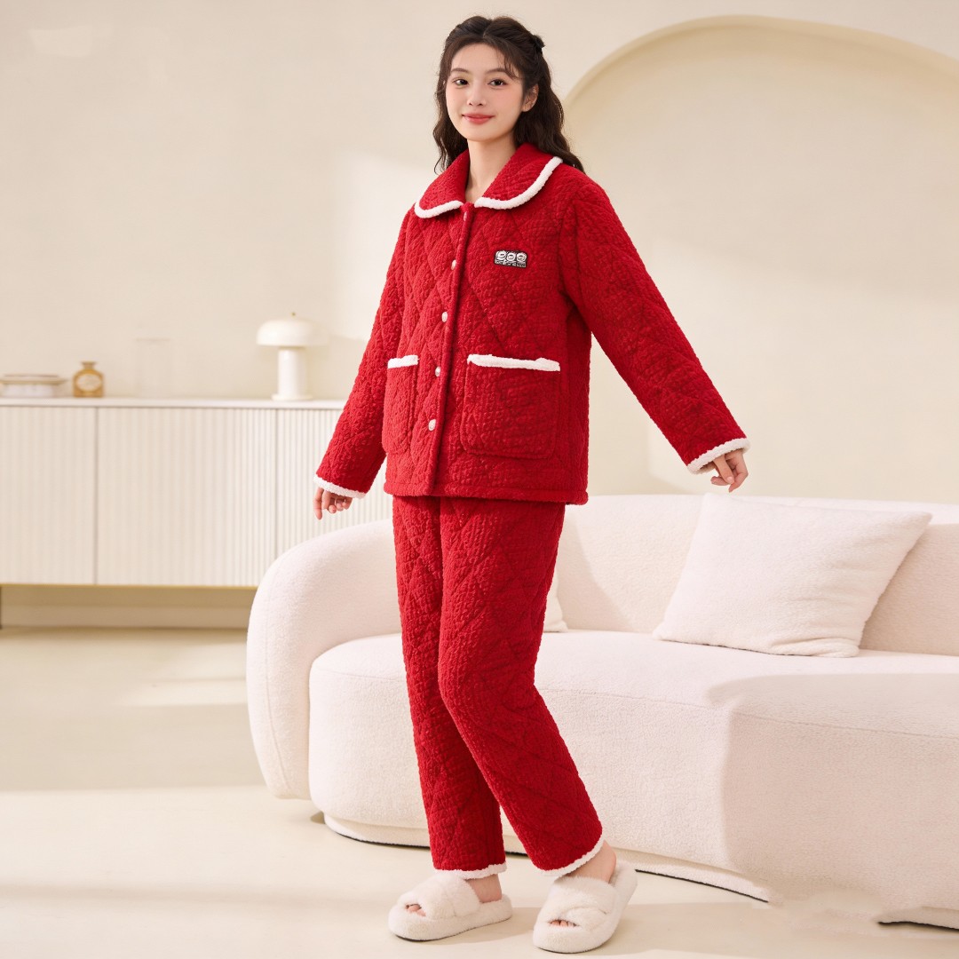 【本命年】红色三层夹棉睡衣女秋冬季加厚加绒结婚法兰绒家居服Y211