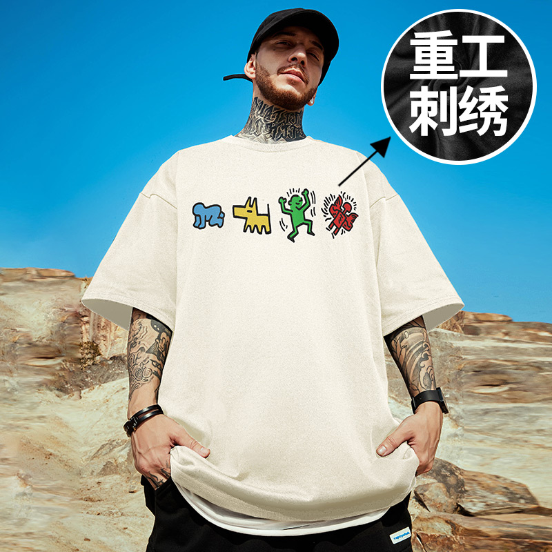 【大码刺绣短袖】100%纯棉重磅潮牌T恤胖子加肥加大码男装半袖夏季