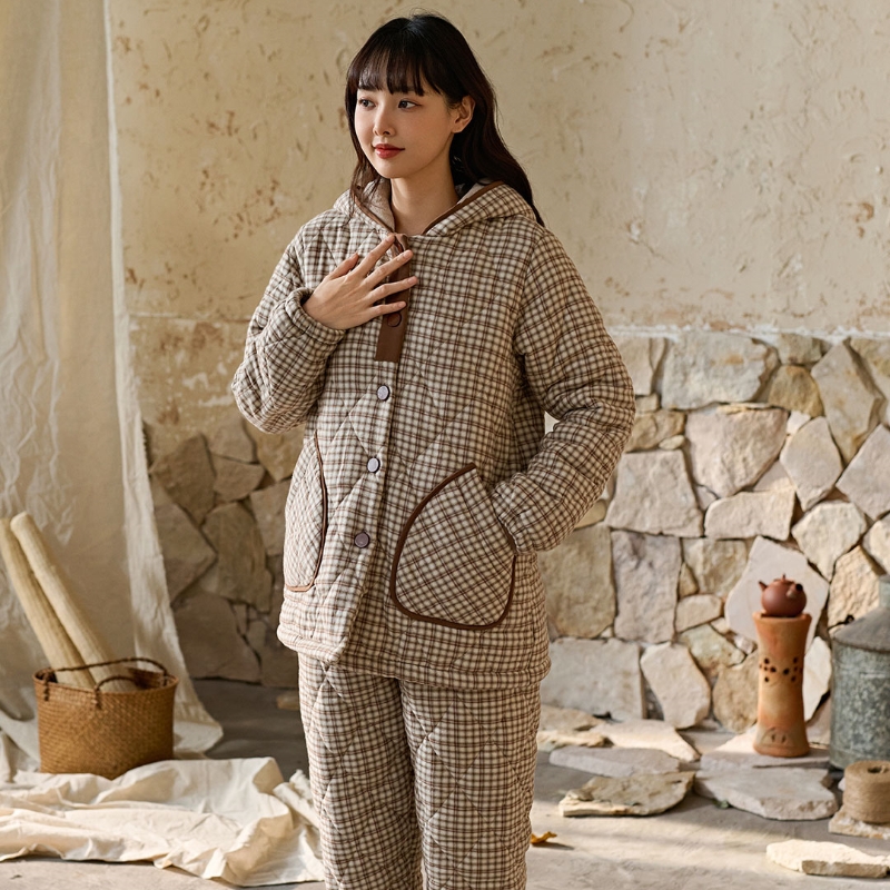 安之伴连帽睡衣女冬季加绒加厚纯棉磨毛三层夹棉保暖格子家居服女