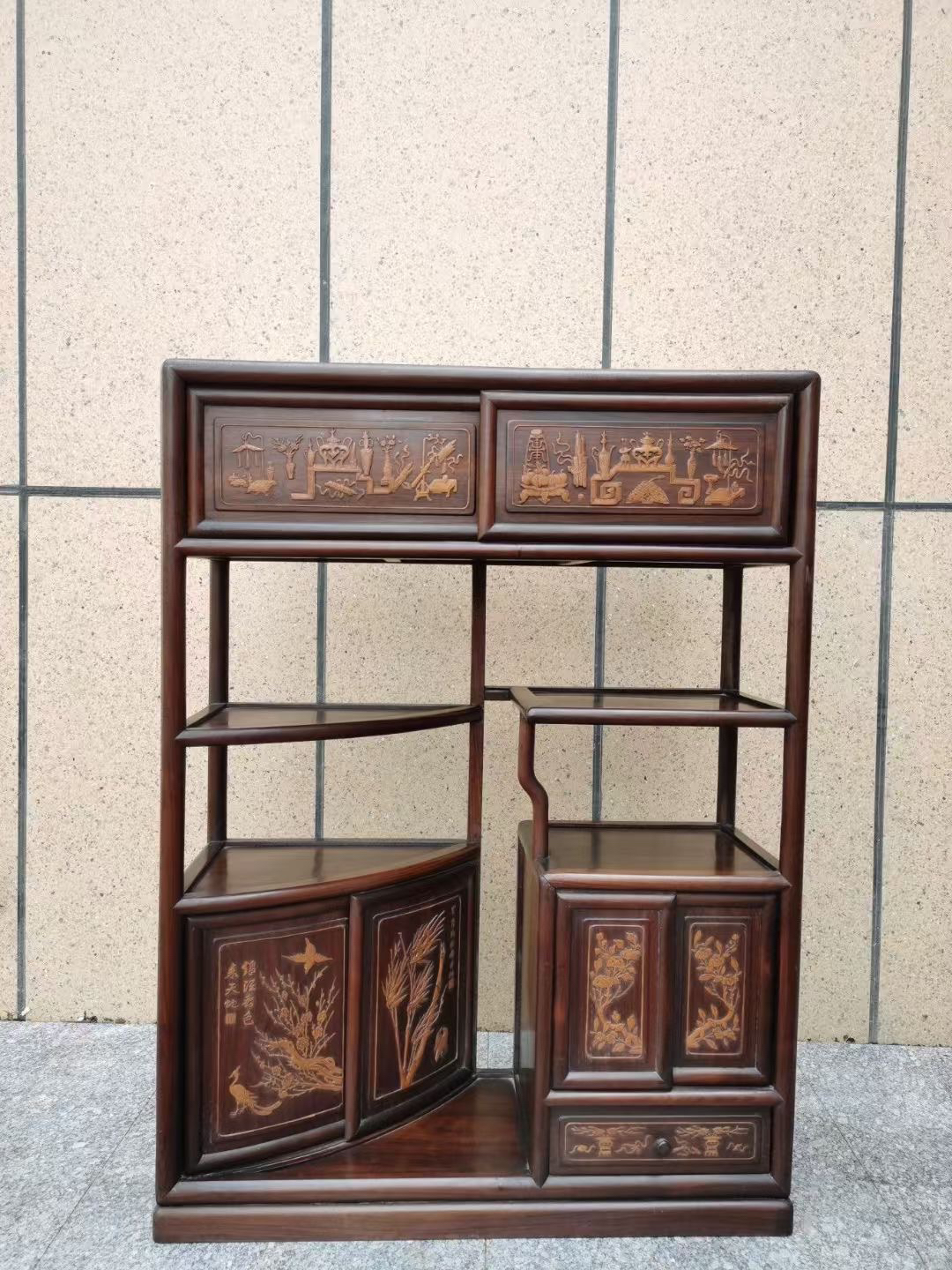 书房博古架摆件，红木镶嵌黄杨木