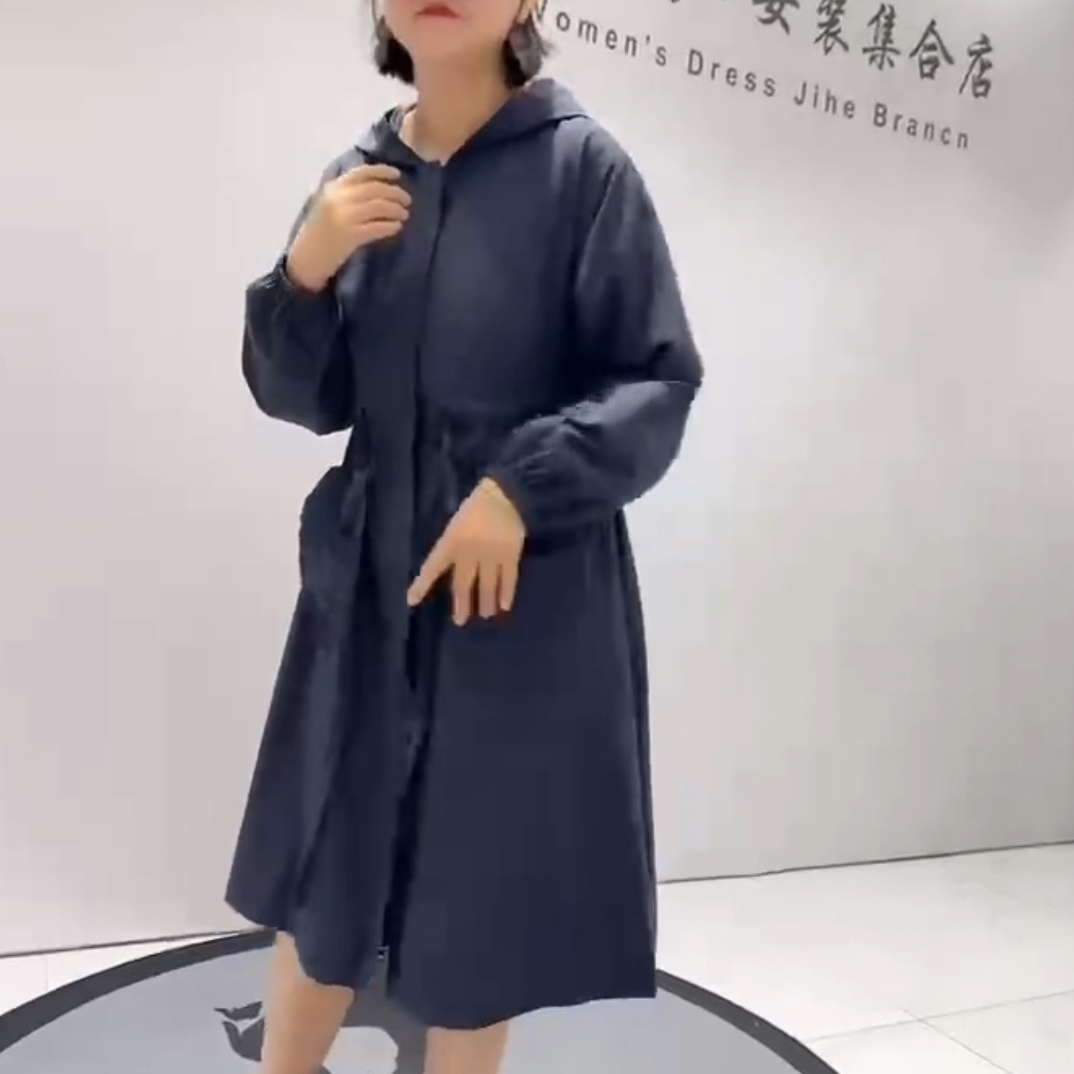 女士休闲中长款收腰连帽风衣春秋新款洋气百搭显瘦外套