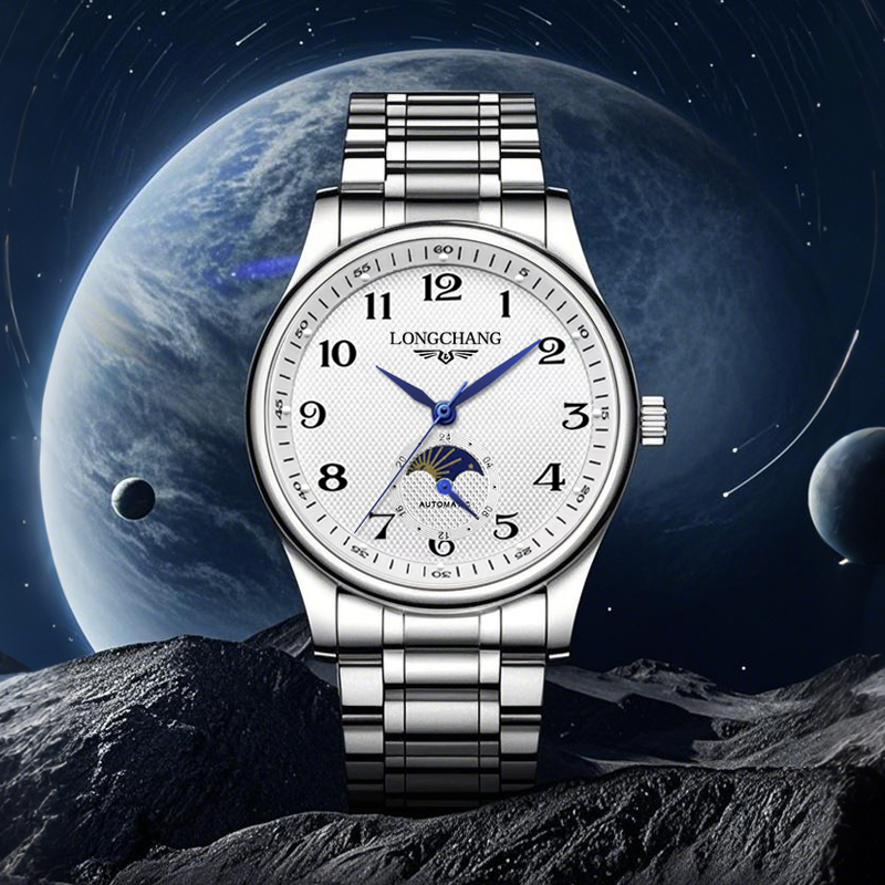 正品LONGCHANG实心钢带月相男士手表双日历防水时尚百搭潮流腕表