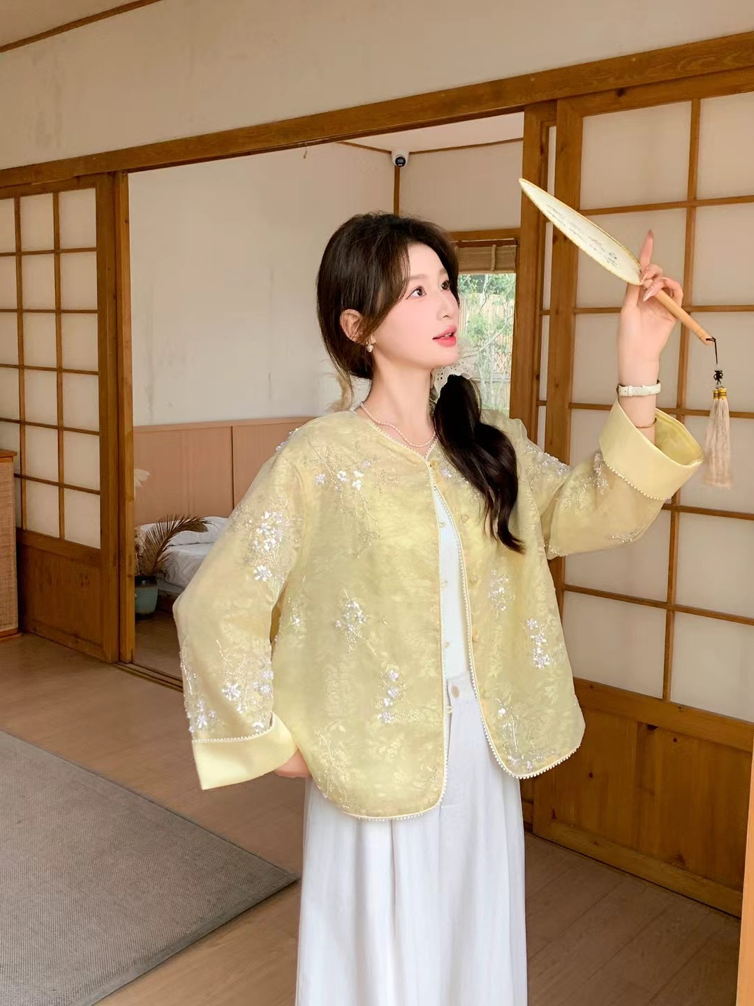 浮光跃金进口欧丝新中式圆领绣花气质薄款外套女士上衣春夏