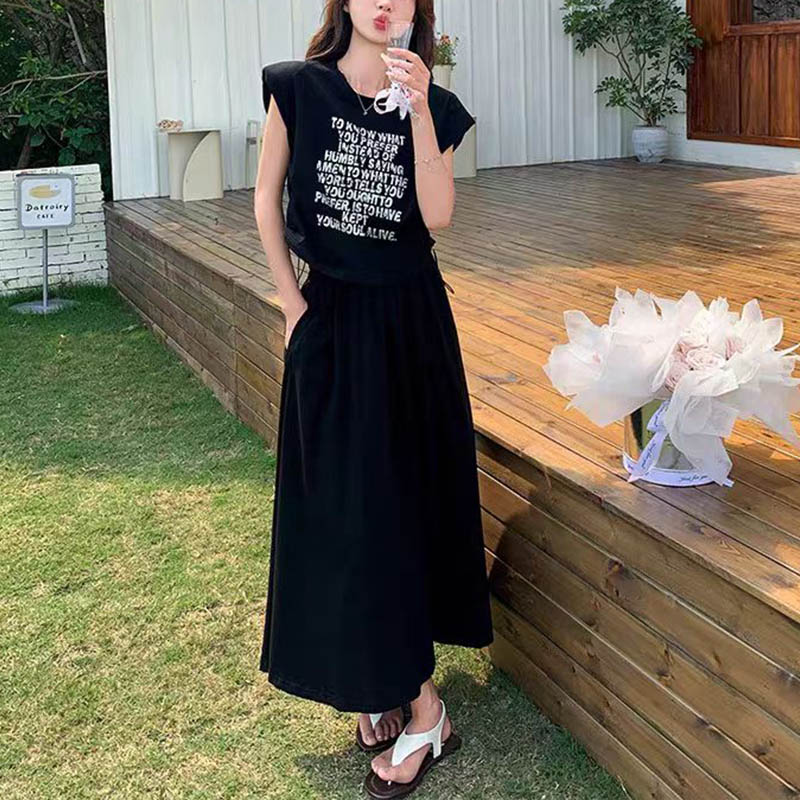 （女装）97077 设计感印花字母T恤高腰半身裙时尚两件套装