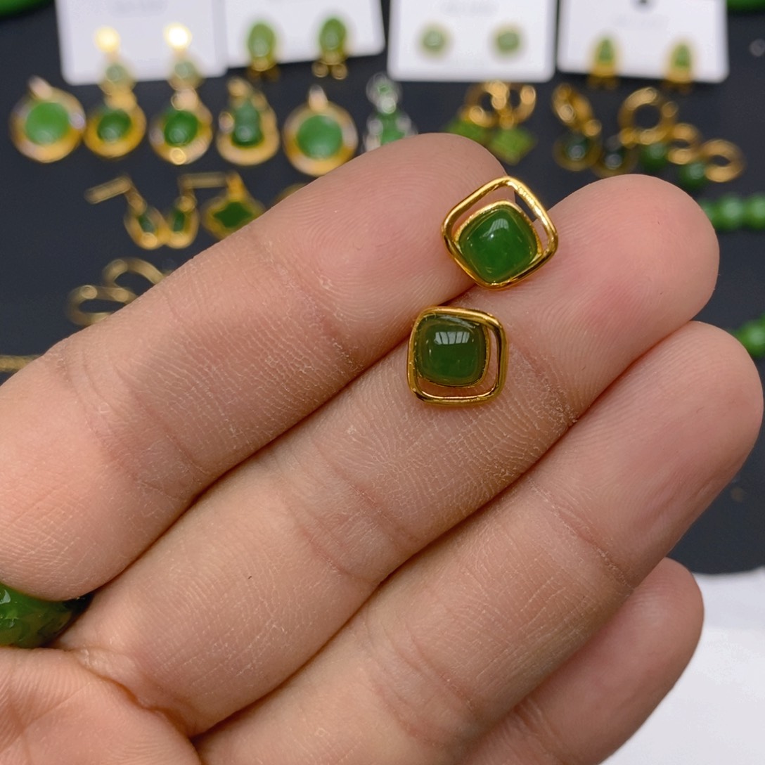 和田玉（碧玉）耳饰银S925镶嵌