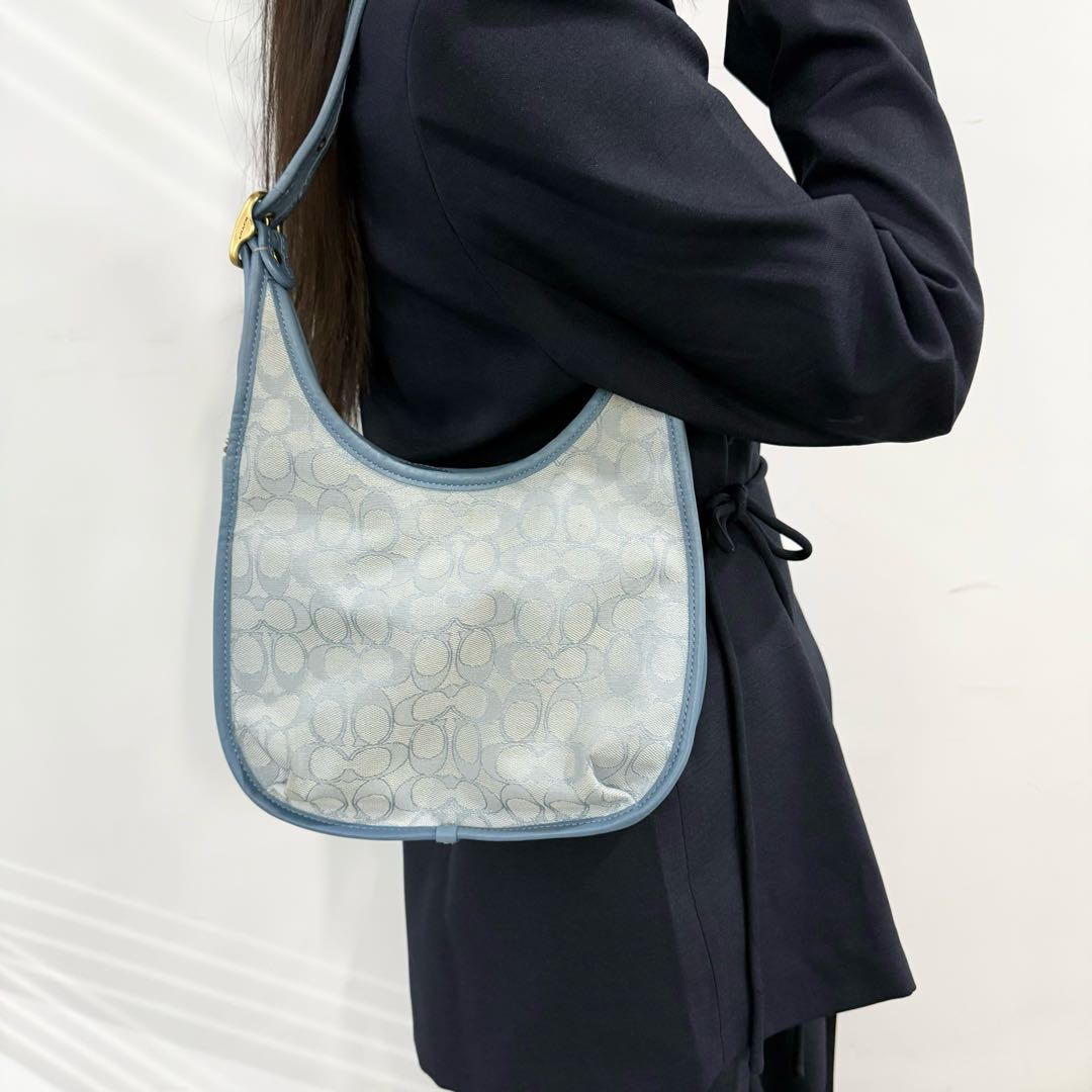 95新 COACH/蔻驰 蓝色帆布hobo腋下包/5155