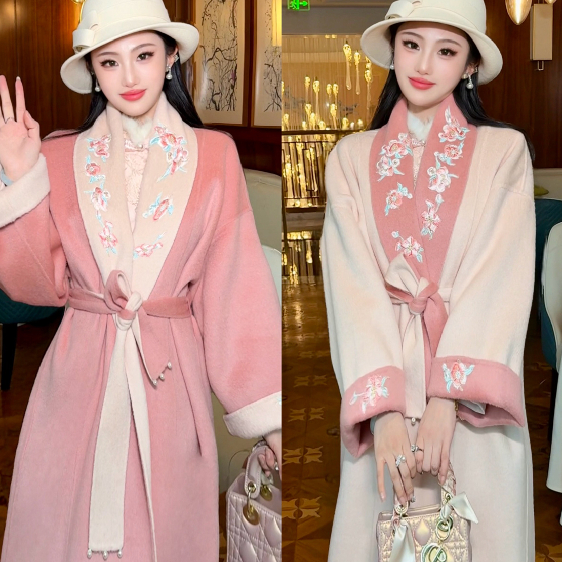 【媛珠 千金女主】国风新中式毛呢双面可穿红粉色刺绣大衣贵气收腰