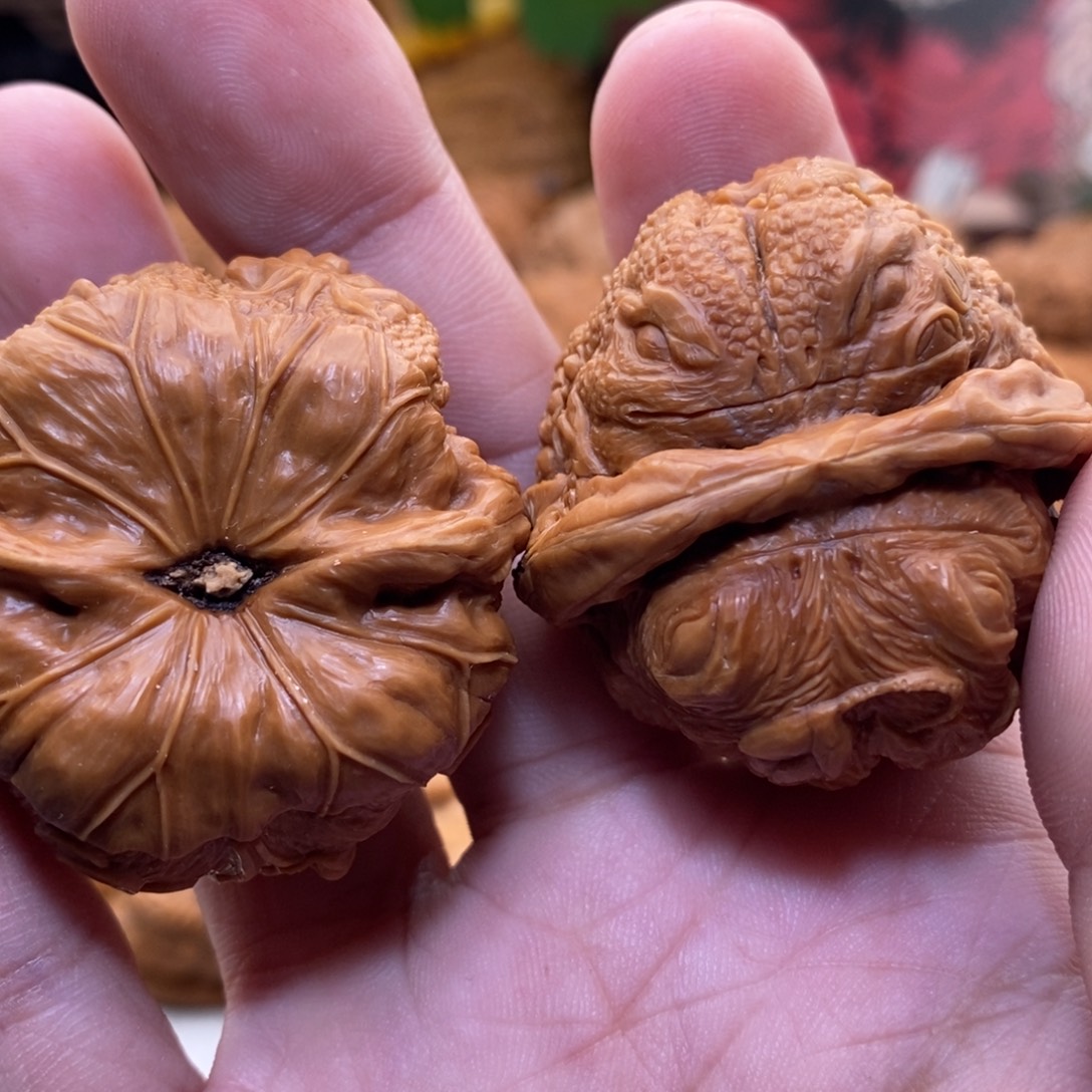 文玩核桃把件纯手工雕刻荷叶金蟾