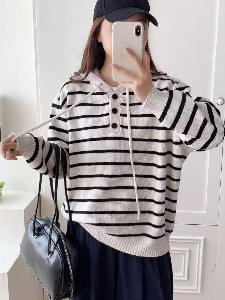 2290-1-CQ杏色新款连帽条纹针织上衣（80-135）