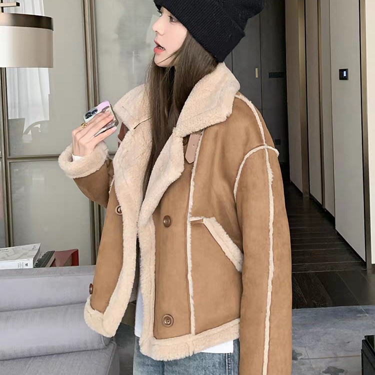 麂皮绒秋冬宽松加厚短外套上衣羊羔绒休闲百搭短款加绒冬季