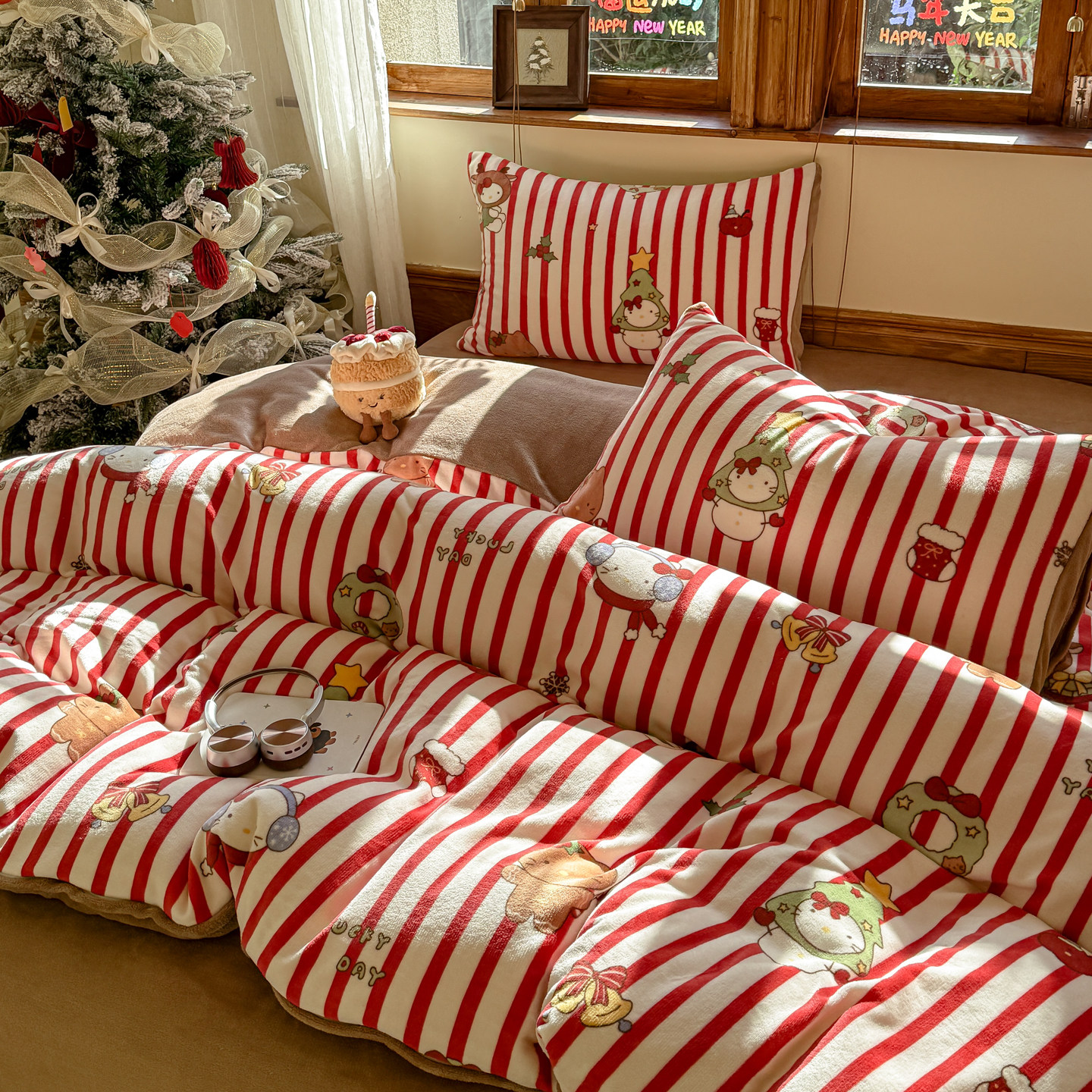 猫咪日记新年可爱猫牛奶绒四件套条纹被套卡通床单宿舍三件套床品
