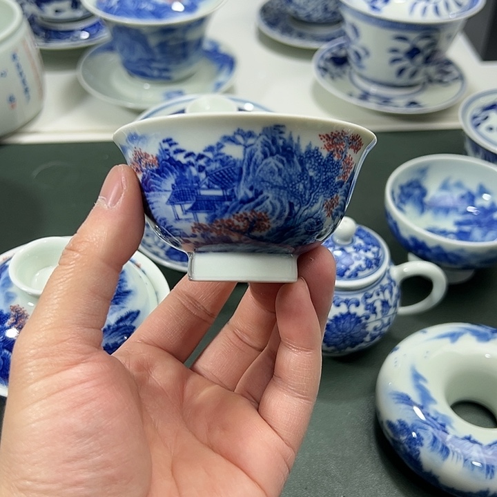 微瑕柴窑内外满绘工笔山水宫碗