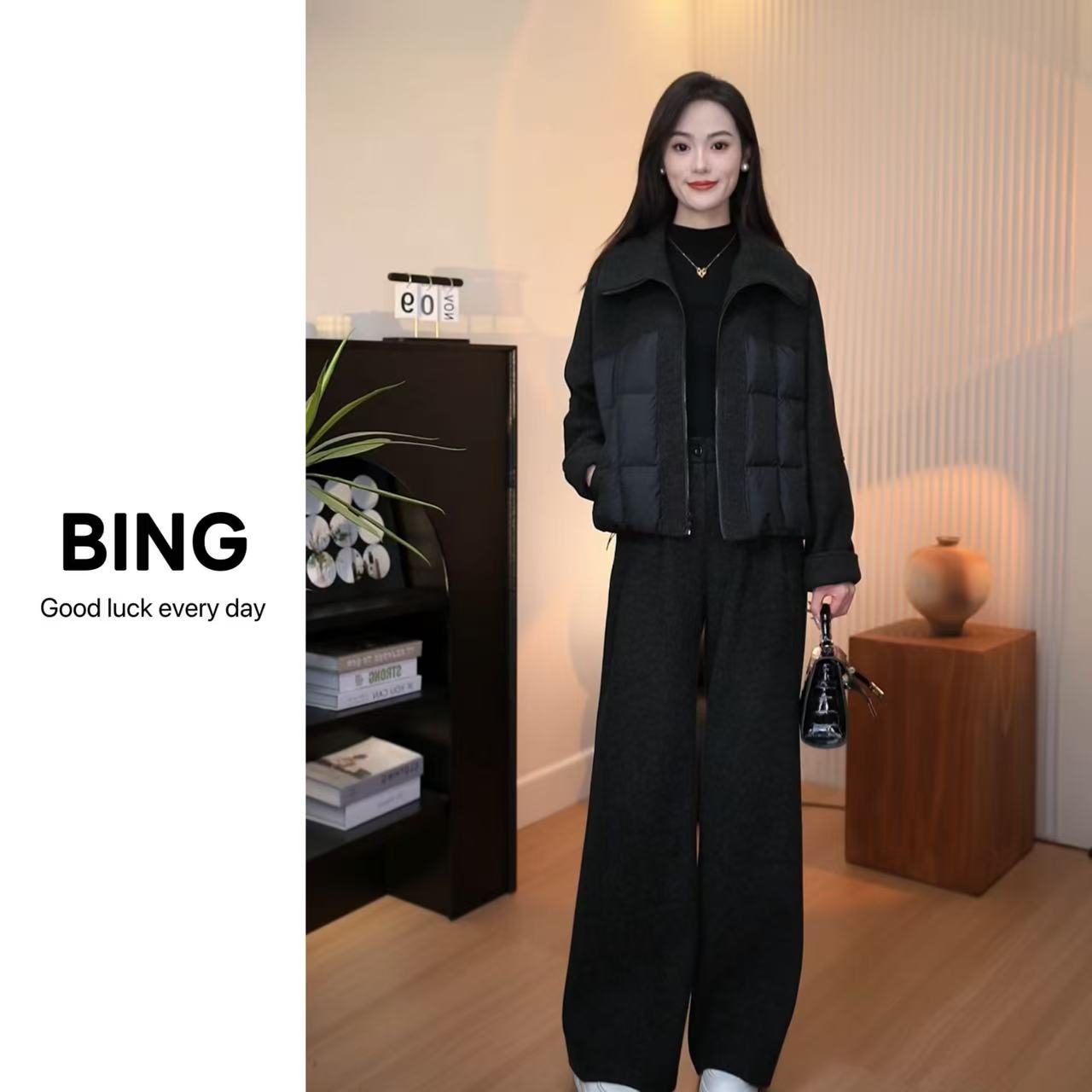 冬季新款女宽松毛呢拼接加厚棉服外套阔腿裤气质两件套潮