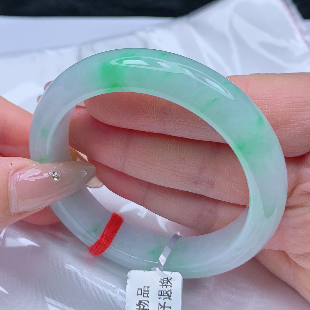 正品缅甸天然A货翡翠糯冰种白底青飘阳绿经典款53圈正圈
