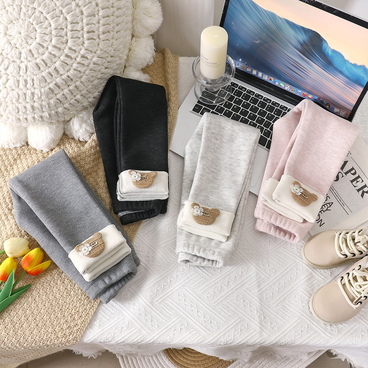 新款女童深秋薄绒打底长裤女孩可爱鲨鱼裤修身打底