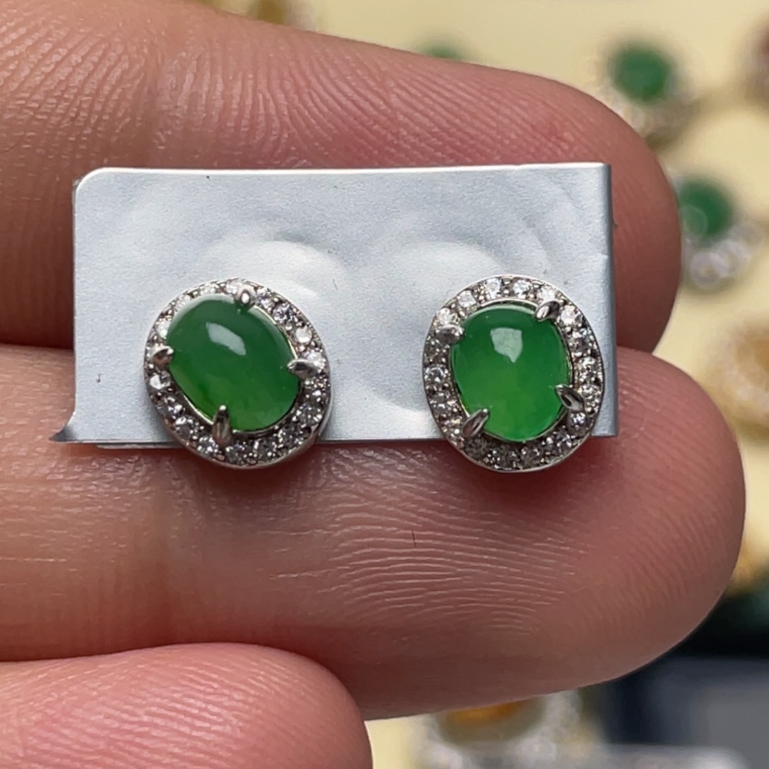 翡翠耳饰银S925镶嵌纯天然缅甸翡翠