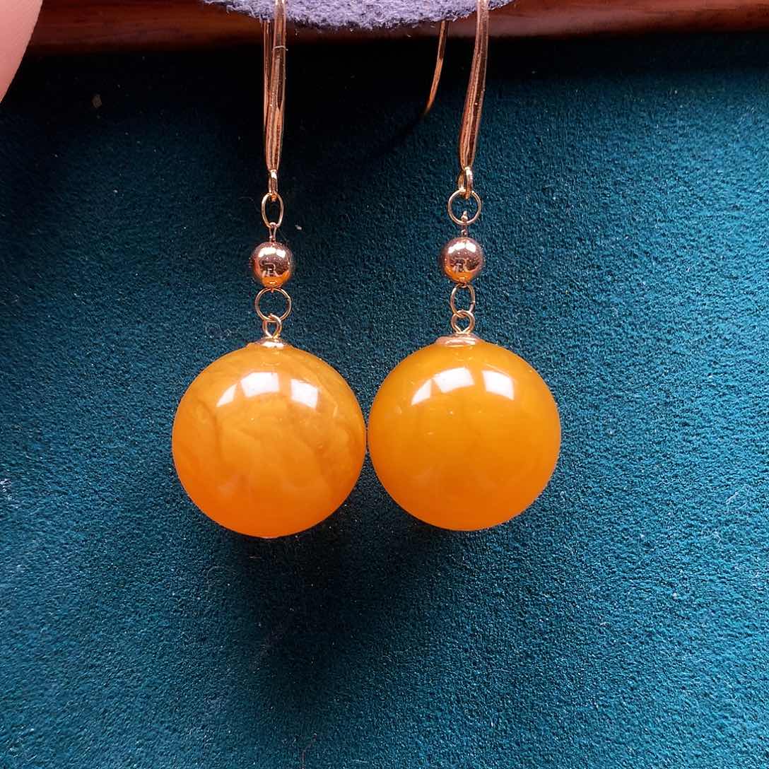 蜜蜡耳饰18K金镶嵌耳坠