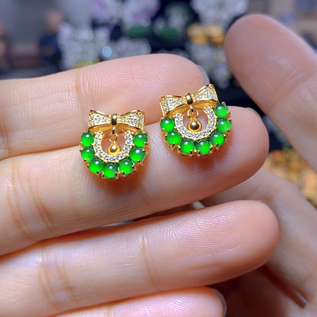 翡翠耳钉银S925镶嵌天然翡翠