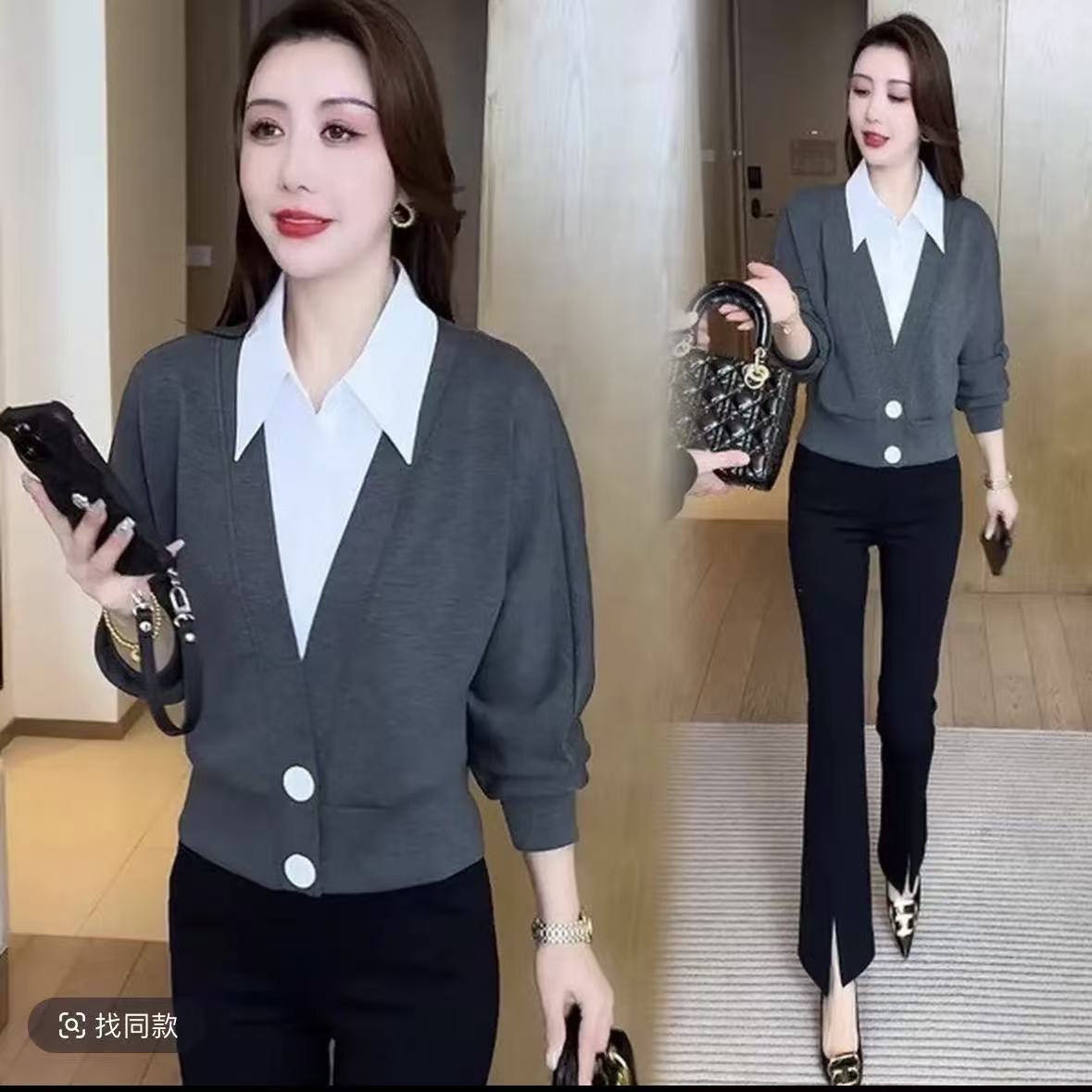 《258》假两件上衣不褪色常规款长袖翻领衬衫网红减龄秋季时尚百搭