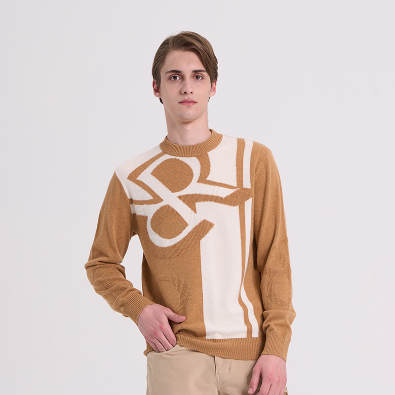 RARE威雅男装秋冬新款色块肌理款绵羊毛山羊绒咖色圆领长袖毛衫