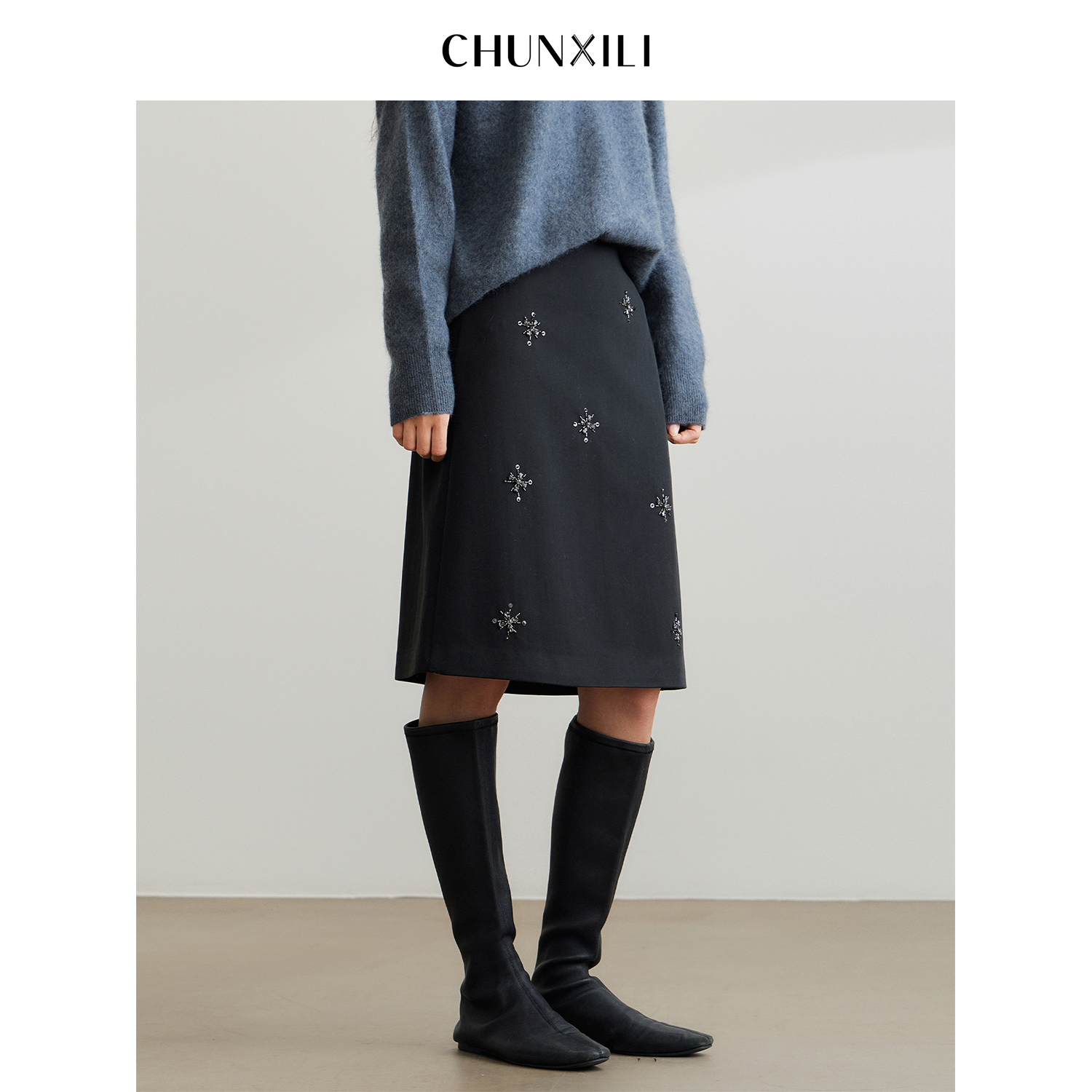 CHUNXILI/春熙里 秋冬钉珠A字裙优雅半身裙 D04B44074