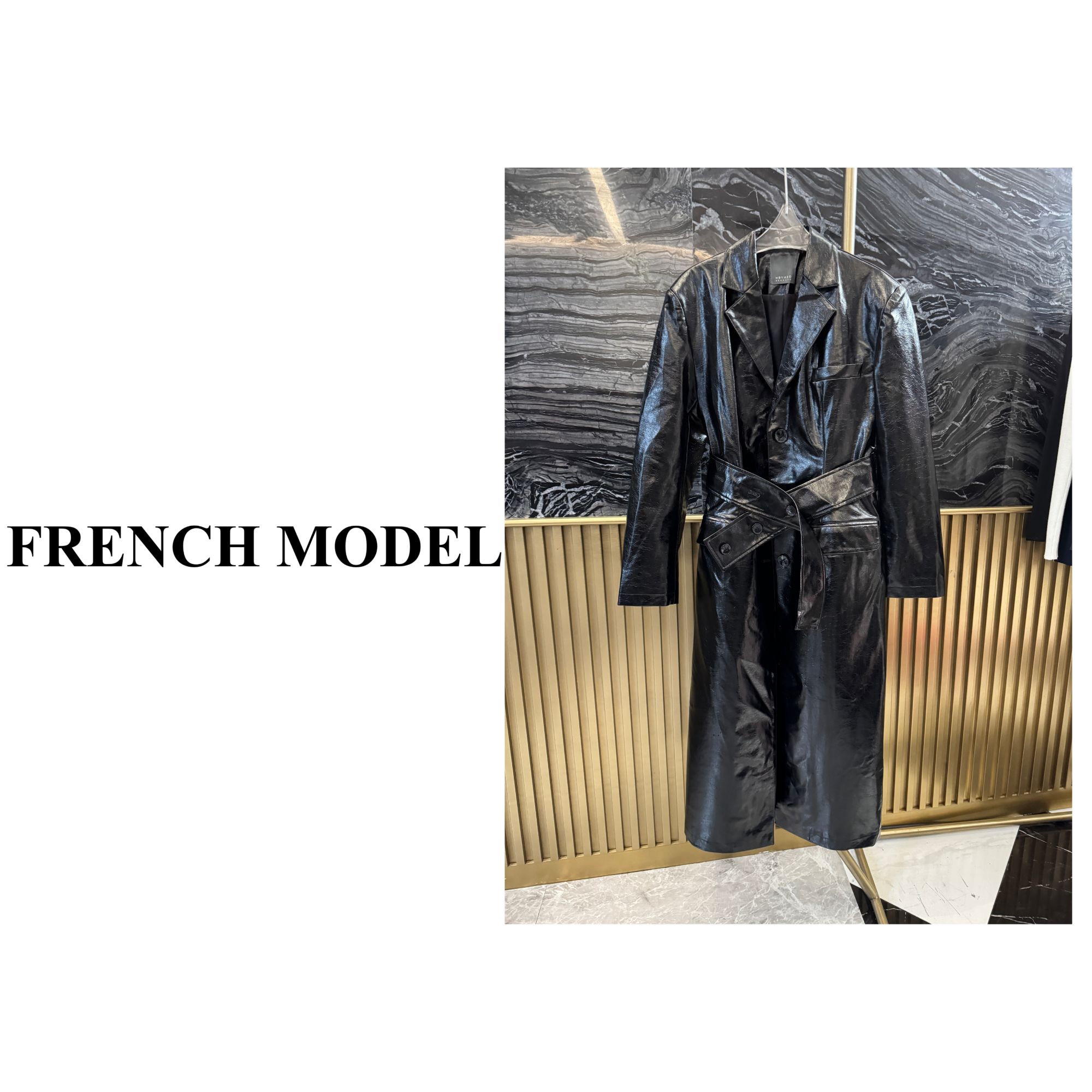 法模FRENCH MODEL . 2024秋季单排扣亮皮面收腰腰带长风衣大衣 
