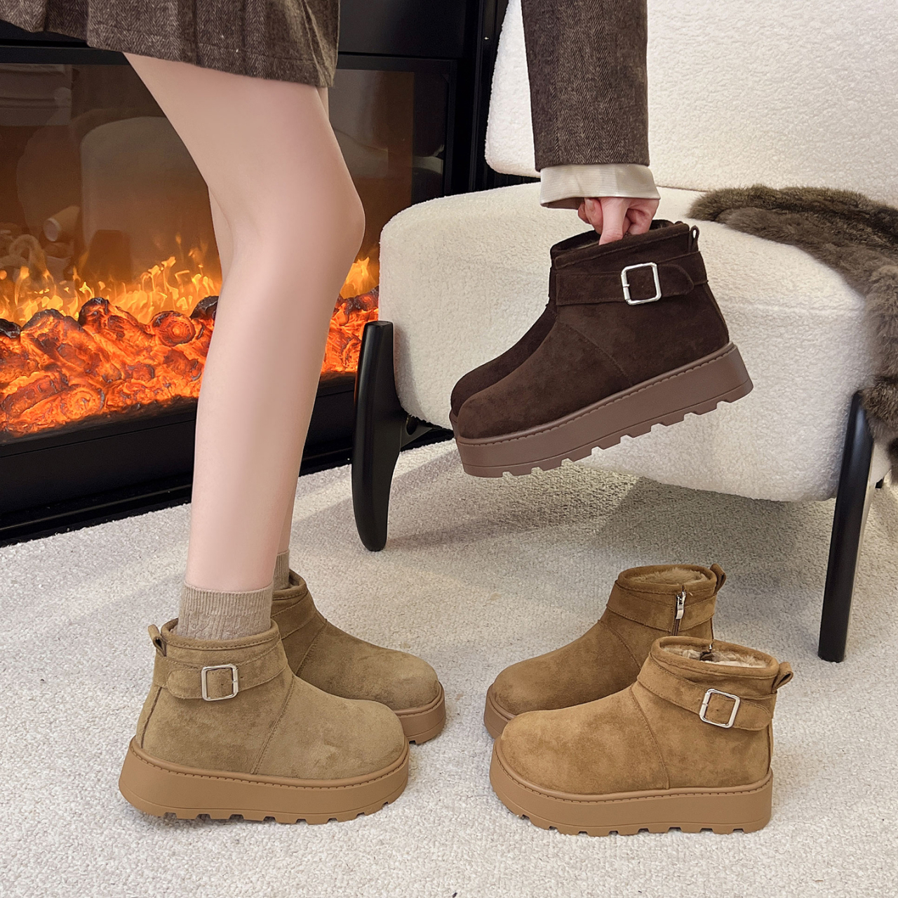 【九儿专属】皮毛一体雪地靴女加绒加厚勃肯鞋2025新款冬季棉鞋短靴